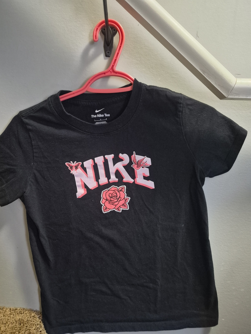 Nike Black Tee with Pink Floral and Logo Graphics
